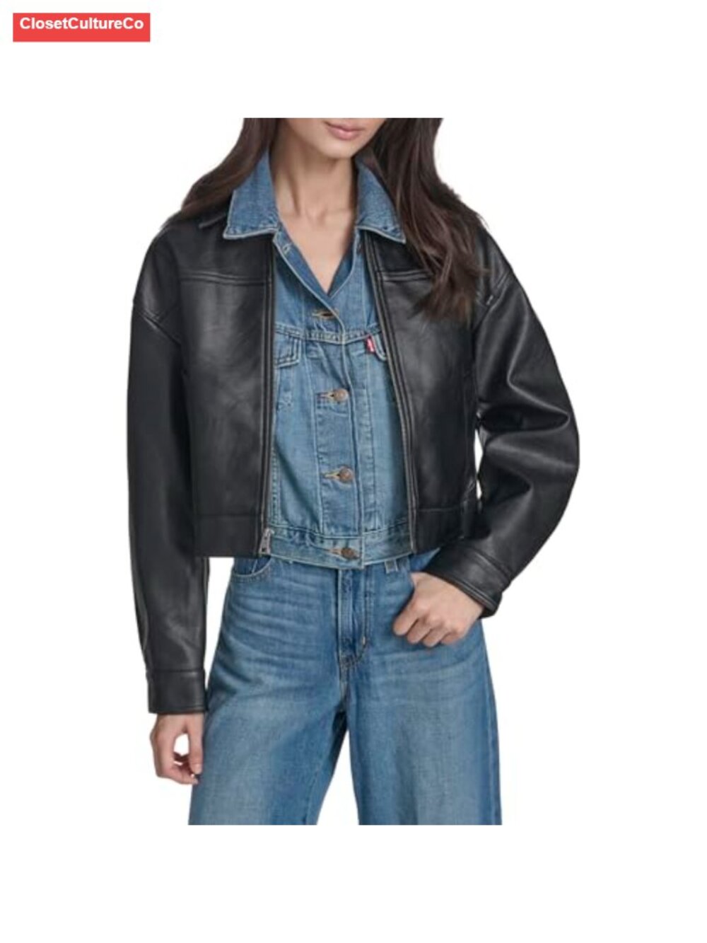 Faux Leather Moto Jacket Zip Front Relaxed Fit Women's